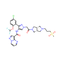 CS(=O)(=O)CCCN1C[C@H]2CN(C(=O)Cn3cc(NC(=O)c4cnn5cccnc45)c(-c4cc(Cl)ccc4OC(F)F)n3)C[C@H]2C1 ZINC001772641276