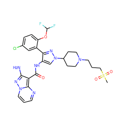 CS(=O)(=O)CCCN1CCC(n2cc(NC(=O)c3c(N)nn4cccnc34)c(-c3cc(Cl)ccc3OC(F)F)n2)CC1 ZINC001772600991