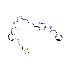 CS(=O)(=O)CCCOc1cccc(CC(=O)Nc2nnc(CCCCc3ccc(NC(=O)Cc4ccccc4)nn3)s2)c1 ZINC000169698519