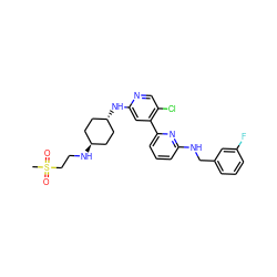 CS(=O)(=O)CCN[C@H]1CC[C@H](Nc2cc(-c3cccc(NCc4cccc(F)c4)n3)c(Cl)cn2)CC1 ZINC000261191084