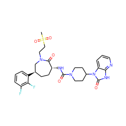 CS(=O)(=O)CCN1C[C@H](c2cccc(F)c2F)CC[C@@H](NC(=O)N2CCC(n3c(=O)[nH]c4ncccc43)CC2)C1=O ZINC000028827344