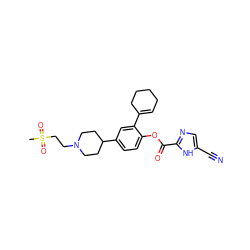 CS(=O)(=O)CCN1CCC(c2ccc(OC(=O)c3ncc(C#N)[nH]3)c(C3=CCCCC3)c2)CC1 ZINC000169701495