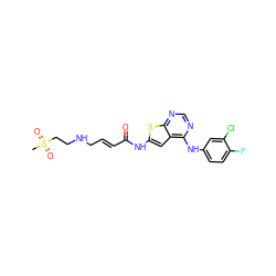 CS(=O)(=O)CCNC/C=C/C(=O)Nc1cc2c(Nc3ccc(F)c(Cl)c3)ncnc2s1 ZINC000169311823