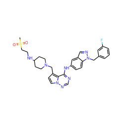 CS(=O)(=O)CCNC1CCN(Cc2ccn3ncnc(Nc4ccc5c(cnn5Cc5cccc(F)c5)c4)c23)CC1 ZINC000028903081