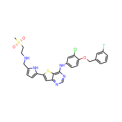 CS(=O)(=O)CCNCc1ccc(-c2cc3ncnc(Nc4ccc(OCc5cccc(F)c5)c(Cl)c4)c3s2)[nH]1 ZINC000044430633