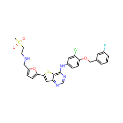 CS(=O)(=O)CCNCc1ccc(-c2cc3ncnc(Nc4ccc(OCc5cccc(F)c5)c(Cl)c4)c3s2)o1 ZINC000044418960