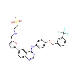 CS(=O)(=O)CCNCc1ccc(-c2ccc3ncnc(Nc4ccc(OCc5cccc(C(F)(F)F)c5)cc4)c3c2)o1 ZINC000034800121