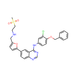 CS(=O)(=O)CCNCc1ccc(-c2ccc3ncnc(Nc4ccc(OCc5ccccc5)c(Cl)c4)c3c2)o1 ZINC000034800095