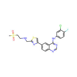 CS(=O)(=O)CCNCc1nc(-c2ccc3ncnc(Nc4ccc(F)c(Cl)c4)c3c2)cs1 ZINC000013487748