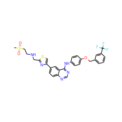 CS(=O)(=O)CCNCc1nc(-c2ccc3ncnc(Nc4ccc(OCc5cccc(C(F)(F)F)c5)cc4)c3c2)cs1 ZINC000014945045