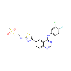 CS(=O)(=O)CCNc1nc(-c2ccc3ncnc(Nc4ccc(F)c(Cl)c4)c3c2)cs1 ZINC000027714828