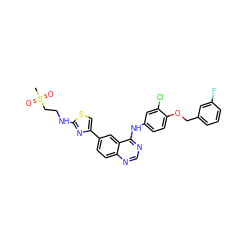 CS(=O)(=O)CCNc1nc(-c2ccc3ncnc(Nc4ccc(OCc5cccc(F)c5)c(Cl)c4)c3c2)cs1 ZINC000027714314