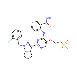 CS(=O)(=O)CCOc1cnc(-c2nn(Cc3ccccc3F)c3c2CCC3)nc1Nc1ccncc1C(N)=O ZINC000169341691