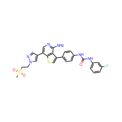 CS(=O)(=O)CCn1cc(-c2cnc(N)c3c(-c4ccc(NC(=O)Nc5cccc(F)c5)cc4)csc23)cn1 ZINC000084616447