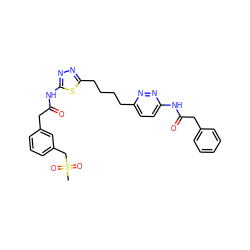 CS(=O)(=O)Cc1cccc(CC(=O)Nc2nnc(CCCCc3ccc(NC(=O)Cc4ccccc4)nn3)s2)c1 ZINC000169698665