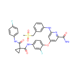 CS(=O)(=O)Cc1cccc(Nc2cc(Oc3ccc(NC(=O)C4(C(=O)Nc5ccc(F)cc5)CC4)cc3F)cc(C(N)=O)n2)c1 ZINC000169350858