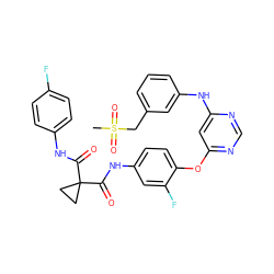 CS(=O)(=O)Cc1cccc(Nc2cc(Oc3ccc(NC(=O)C4(C(=O)Nc5ccc(F)cc5)CC4)cc3F)ncn2)c1 ZINC000169350853