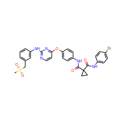 CS(=O)(=O)Cc1cccc(Nc2nccc(Oc3ccc(NC(=O)C4(C(=O)Nc5ccc(Br)cc5)CC4)cc3)n2)c1 ZINC000169349194