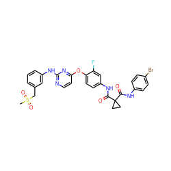 CS(=O)(=O)Cc1cccc(Nc2nccc(Oc3ccc(NC(=O)C4(C(=O)Nc5ccc(Br)cc5)CC4)cc3F)n2)c1 ZINC000169349441