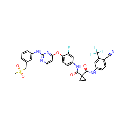 CS(=O)(=O)Cc1cccc(Nc2nccc(Oc3ccc(NC(=O)C4(C(=O)Nc5ccc(C#N)c(C(F)(F)F)c5)CC4)cc3F)n2)c1 ZINC000169349452