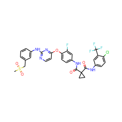 CS(=O)(=O)Cc1cccc(Nc2nccc(Oc3ccc(NC(=O)C4(C(=O)Nc5ccc(Cl)c(C(F)(F)F)c5)CC4)cc3F)n2)c1 ZINC000169349451