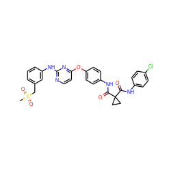 CS(=O)(=O)Cc1cccc(Nc2nccc(Oc3ccc(NC(=O)C4(C(=O)Nc5ccc(Cl)cc5)CC4)cc3)n2)c1 ZINC000169349193