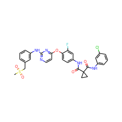 CS(=O)(=O)Cc1cccc(Nc2nccc(Oc3ccc(NC(=O)C4(C(=O)Nc5cccc(Cl)c5)CC4)cc3F)n2)c1 ZINC000169349447