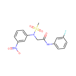 CS(=O)(=O)N(CC(=O)Nc1cccc(F)c1)c1cccc([N+](=O)[O-])c1 ZINC000001135362