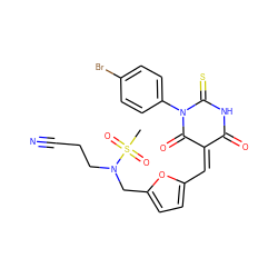CS(=O)(=O)N(CCC#N)Cc1ccc(/C=C2/C(=O)NC(=S)N(c3ccc(Br)cc3)C2=O)o1 ZINC000084904195