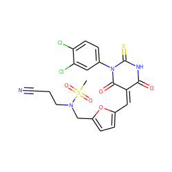 CS(=O)(=O)N(CCC#N)Cc1ccc(/C=C2/C(=O)NC(=S)N(c3ccc(Cl)c(Cl)c3)C2=O)o1 ZINC000084688253