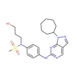 CS(=O)(=O)N(CCCO)c1ccc(Nc2ncc3cnn(C4CCCCCC4)c3n2)cc1 ZINC000072181275