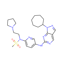 CS(=O)(=O)N(CCN1CCCC1)c1ccc(Nc2ncc3cnn(C4CCCCCC4)c3n2)cn1 ZINC000072182077