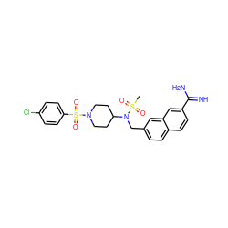 CS(=O)(=O)N(Cc1ccc2ccc(C(=N)N)cc2c1)C1CCN(S(=O)(=O)c2ccc(Cl)cc2)CC1 ZINC000028714180