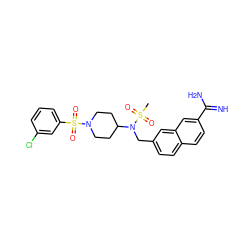 CS(=O)(=O)N(Cc1ccc2ccc(C(=N)N)cc2c1)C1CCN(S(=O)(=O)c2cccc(Cl)c2)CC1 ZINC000028714178