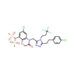 CS(=O)(=O)N(c1cc(Cl)cc2c1OCC(=O)N2Cc1nnc(CCc2ccc(Cl)cc2)n1CCC(F)(F)F)S(C)(=O)=O ZINC000072131668