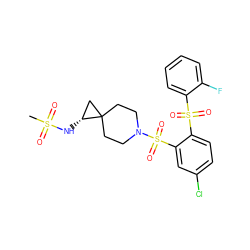 CS(=O)(=O)N[C@@H]1CC12CCN(S(=O)(=O)c1cc(Cl)ccc1S(=O)(=O)c1ccccc1F)CC2 ZINC000049757482