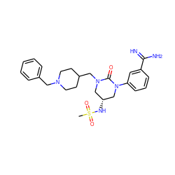 CS(=O)(=O)N[C@@H]1CN(CC2CCN(Cc3ccccc3)CC2)C(=O)N(c2cccc(C(=N)N)c2)C1 ZINC000653718824