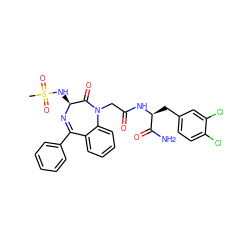 CS(=O)(=O)N[C@@H]1N=C(c2ccccc2)c2ccccc2N(CC(=O)N[C@@H](Cc2ccc(Cl)c(Cl)c2)C(N)=O)C1=O ZINC000028757466