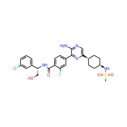 CS(=O)(=O)N[C@H]1CC[C@@H](c2cnc(N)c(-c3ccc(C(=O)N[C@H](CO)c4cccc(Cl)c4)c(F)c3)n2)CC1 ZINC001772656033