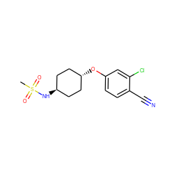 CS(=O)(=O)N[C@H]1CC[C@H](Oc2ccc(C#N)c(Cl)c2)CC1 ZINC000653873784