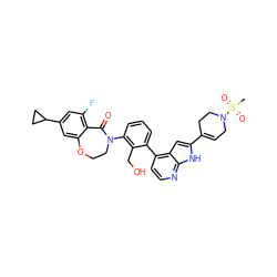 CS(=O)(=O)N1CC=C(c2cc3c(-c4cccc(N5CCOc6cc(C7CC7)cc(F)c6C5=O)c4CO)ccnc3[nH]2)CC1 ZINC000205728412