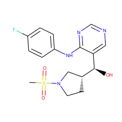 CS(=O)(=O)N1CC[C@@H]([C@H](O)c2cncnc2Nc2ccc(F)cc2)C1 ZINC001772647171