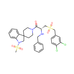 CS(=O)(=O)N1CC2(CCN(C(=O)[C@H](CS(=O)(=O)Cc3ccc(Cl)c(Cl)c3)NCc3ccccc3)CC2)c2ccccc21 ZINC000029485977