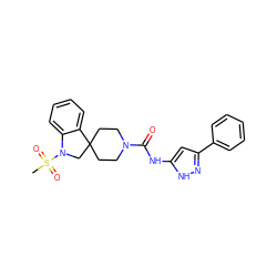 CS(=O)(=O)N1CC2(CCN(C(=O)Nc3cc(-c4ccccc4)n[nH]3)CC2)c2ccccc21 ZINC000045284462