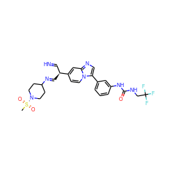 CS(=O)(=O)N1CCC(/N=C/[C@@H](C=N)c2ccn3c(-c4cccc(NC(=O)NCC(F)(F)F)c4)cnc3c2)CC1 ZINC000169704626