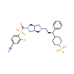 CS(=O)(=O)N1CCC([C@@H](CCN2C[C@H]3CN(C(=O)S(=O)(=O)c4ccc(C#N)cc4Cl)C[C@H]3C2)c2ccccc2)CC1 ZINC000064526597