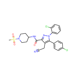 CS(=O)(=O)N1CCC(NC(=O)c2nn(-c3ccccc3Cl)c(-c3ccc(Cl)cc3)c2CC#N)CC1 ZINC000049771704