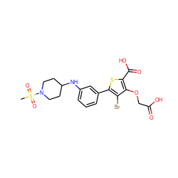 CS(=O)(=O)N1CCC(Nc2cccc(-c3sc(C(=O)O)c(OCC(=O)O)c3Br)c2)CC1 ZINC000028711542