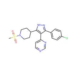 CS(=O)(=O)N1CCC(c2[nH]nc(-c3ccc(Cl)cc3)c2-c2ccncn2)CC1 ZINC000033988861