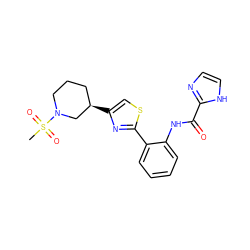 CS(=O)(=O)N1CCC[C@@H](c2csc(-c3ccccc3NC(=O)c3ncc[nH]3)n2)C1 ZINC001772638685